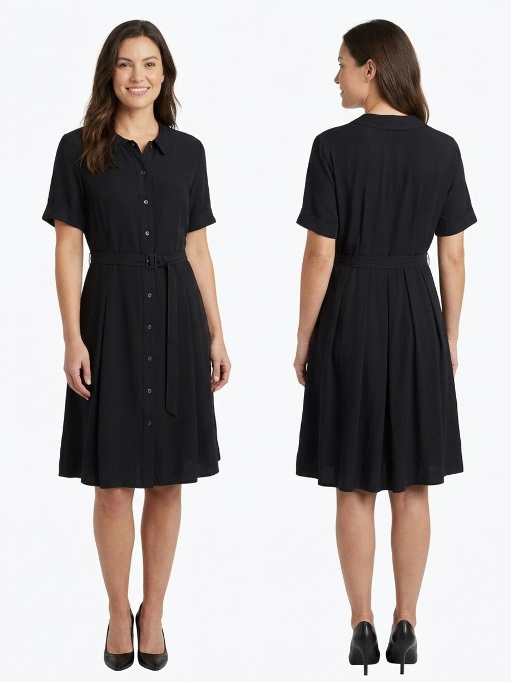 L.L. Bean 100% Silk Shirt Dress Size 12 Black with Pleats and Belt